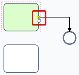 A screenshot showing the mouse cursor now positioned over the other task from the first picture. The sequence flow retains its &quot;direction of flow&quot;. The screenshot is annotated with a red box to highlight the location of the mouse cursor. The new task element being selected is highlighted in green.